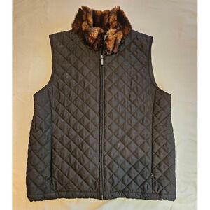 Lauren Ralph Lauren Black Quilted Vest with Faux Fur Collar Zipper Vest Large